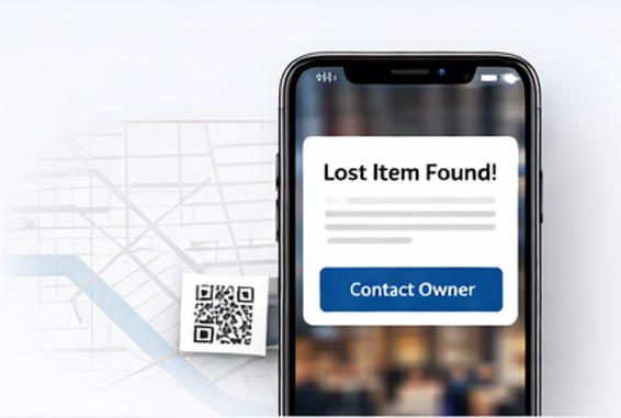 Smartphone showing Lost Item Found screen with Contact Owner button—how finders reach you securely