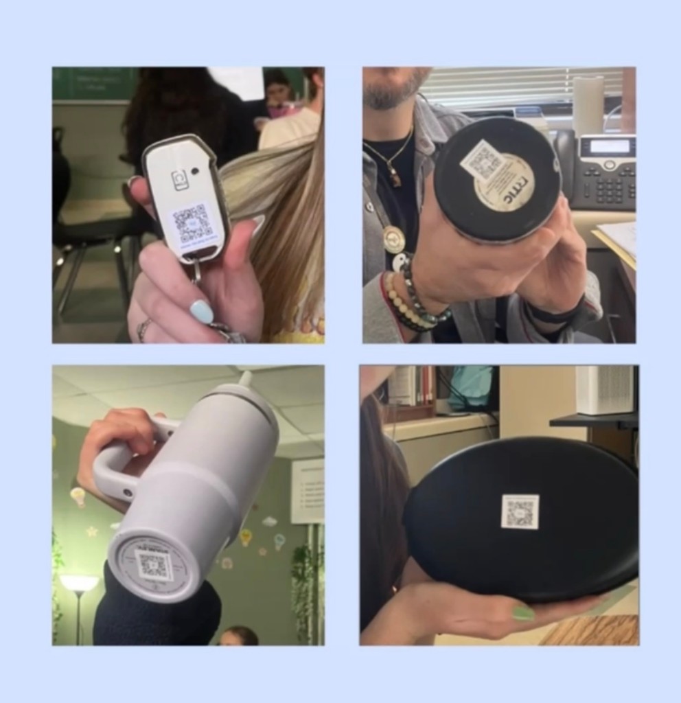 Items with LuluTag QR stickers: key fob, container, water bottle, and laptop—showing how easy it is to tag what matters